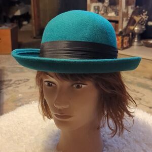 Womens Wool Felt Bowler Hat Derby Style Hat Dark Green with Black Band